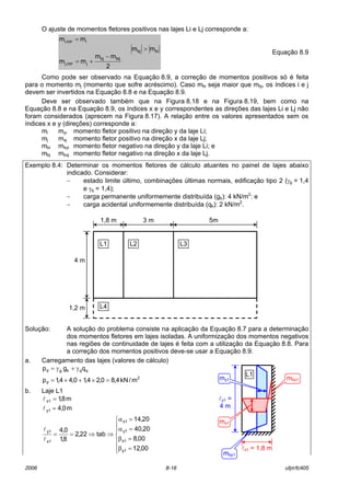 2006 8-16 ufpr/tc405
O ajuste de momentos fletores positivos nas lajes Li e Lj corresponde a:
bibj
bijbj
jcor,j
icor,i
mm
2
mm
mm
mm
>
−
+=
=
EquaÁ„o 8.9
Como pode ser observado na EquaÁ„o 8.9, a correÁ„o de momentos positivos sÛ È feita
para o momento mj (momento que sofre acrÈscimo). Caso mbi seja maior que mbj, os Ìndices i e j
devem ser invertidos na EquaÁ„o 8.8 e na EquaÁ„o 8.9.
Deve ser observado tambÈm que na Figura 8.18 e na Figura 8.19, bem como na
EquaÁ„o 8.8 e na EquaÁ„o 8.9, os Ìndices x e y correspondentes as direÁıes das lajes Li e Lj n„o
foram considerados (aprecem na Figura 8.17). A relaÁ„o entre os valores apresentados sem os
Ìndices x e y (direÁıes) corresponde a:
mi myi momento fletor positivo na direÁ„o y da laje Li;
mj mxj momento fletor positivo na direÁ„o x da laje Lj;
mbi mbyi momento fletor negativo na direÁ„o y da laje Li; e
mbj mbxj momento fletor negativo na direÁ„o x da laje Lj.
Exemplo 8.4: Determinar os momentos fletores de c·lculo atuantes no painel de lajes abaixo
indicado. Considerar:
− estado limite ˙ltimo, combinaÁıes ˙ltimas normais, edificaÁ„o tipo 2 (γg = 1,4
e γq = 1,4);
− carga permanente uniformemente distribuÌda (gk): 4 kN/m2
: e
− carga acidental uniformemente distribuÌda (qk): 2 kN/m2
.
SoluÁ„o: A soluÁ„o do problema consiste na aplicaÁ„o da EquaÁ„o 8.7 para a determinaÁ„o
dos momentos fletores em lajes isoladas. A uniformizaÁ„o dos momentos negativos
nas regiıes de continuidade de lajes È feita com a utilizaÁ„o da EquaÁ„o 8.8. Para
a correÁ„o dos momentos positivos deve-se usar a EquaÁ„o 8.9.
a. Carregamento das lajes (valores de c·lculo)
qqkgd qgp γ+γ=
2
d m/kN4,80,24,10,44,1p =×+×=
b. Laje L1
m8,1x1 =l
m0,4y1 =l







=β
=β
=α
=α
⇒⇒==
00,12
00,8
20,40
20,14
tab22,2
8,1
0,4
1y
1x
1y
1x
x1
y1
l
l
4 m
1,2 m
5m3 m1,8 m
L1 L2 L3
L4
ly1 =
4 m
lx1 = 1,8 m
L1
mbx1
mx1
my1
mby1
 