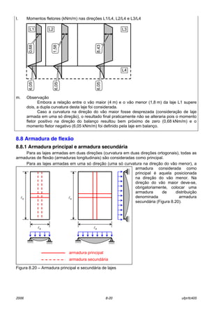 2006 8-20 ufpr/tc405
l. Momentos fletores (kNm/m) nas direÁıes L1/L4, L2/L4 e L3/L4
m. ObservaÁ„o
Embora a relaÁ„o entre o v„o maior (4 m) e o v„o menor (1,8 m) da laje L1 supere
dois, a dupla curvatura desta laje foi considerada.
Caso a curvatura na direÁ„o do v„o maior fosse desprezada (consideraÁ„o de laje
armada em uma sÛ direÁ„o), o resultado final praticamente n„o se alteraria pois o momento
fletor positivo na direÁ„o do balanÁo resultou bem prÛximo de zero (0,68 kNm/m) e o
momento fletor negativo (6,05 kNm/m) foi definido pela laje em balanÁo.
8.8 Armadura de flexão
8.8.1 Armadura principal e armadura secundária
Para as lajes armadas em duas direÁıes (curvatura em duas direÁıes ortogonais), todas as
armaduras de flex„o (armaduras longitudinais) s„o consideradas como principal.
Para as lajes armadas em uma sÛ direÁ„o (uma sÛ curvatura na direÁ„o do v„o menor), a
armadura considerada como
principal È aquela posicionada
na direÁ„o do v„o menor. Na
direÁ„o do v„o maior deve-se,
obrigatoriamente, colocar uma
armadura de distribuiÁ„o
denominada armadura
secund·ria (Figura 8.20).
Figura 8.20 ñ Armadura principal e secund·ria de lajes
L1 L2 L3
L4
6,05
6,05
6,05
0,68
8,43
1,58
lyly
lx lx
armadura principal
armadura secund·ria
 