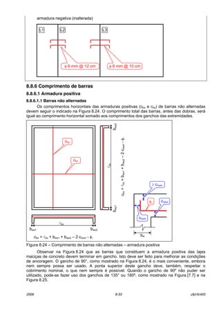 2006 8-33 ufpr/tc405
armadura negativa (inalterada)
8.8.6 Comprimento de barras
8.8.6.1 Armadura positiva
8.8.6.1.1 Barras não alternadas
Os comprimentos horizontais das armaduras positivas (cbx e cby) de barras n„o alternadas
devem seguir o indicado na Figura 8.24. O comprimento total das barras, antes das dobras, ser·
igual ao comprimento horizontal somado aos comprimentos dos ganchos das extremidades.
Figura 8.24 ñ Comprimento de barras n„o alternadas ñ armadura positiva
Observar na Figura 8.24 que as barras que constituem a armadura positiva das lajes
maciÁas de concreto devem terminar em gancho. Isto deve ser feito para melhorar as condiÁıes
de ancoragem. O gancho de 90}, como mostrado na Figura 8.24, È o mais conveniente, embora
nem sempre possa ser usado. A ponta superior deste gancho deve, tambÈm, respeitar o
cobrimento nominal, o que nem sempre È possÌvel. Quando o gancho de 90m n„o puder ser
utilizado, pode-se fazer uso dos ganchos de 135} ou 180m, como mostrado na Figura [7.7] e na
Figura 8.25.
cby=l0y+bwy1+bwy2ñ2cnom-φl
bwy1bwy2
l0y
cbx = l0x + bwx1 + bwx2 ñ 2 cnom - φl
bwx2
l0x
bwx1
cbx
cby
bw
cnom
cnomφl
≥ cnom
L1 L2
φ 6 mm @ 12 cm
L3
φ 8 mm @ 10 cm
 