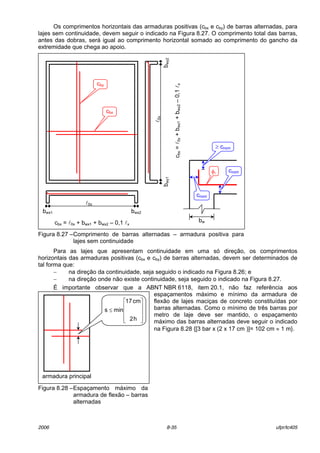 2006 8-35 ufpr/tc405
Os comprimentos horizontais das armaduras positivas (cbx e cby) de barras alternadas, para
lajes sem continuidade, devem seguir o indicado na Figura 8.27. O comprimento total das barras,
antes das dobras, ser· igual ao comprimento horizontal somado ao comprimento do gancho da
extremidade que chega ao apoio.
Figura 8.27 ñComprimento de barras alternadas ñ armadura positiva para
lajes sem continuidade
Para as lajes que apresentam continuidade em uma sÛ direÁ„o, os comprimentos
horizontais das armaduras positivas (cbx e cby) de barras alternadas, devem ser determinados de
tal forma que:
− na direÁ„o da continuidade, seja seguido o indicado na Figura 8.26; e
− na direÁ„o onde n„o existe continuidade, seja seguido o indicado na Figura 8.27.
… importante observar que a ABNT NBR 6118, item 20.1, n„o faz referÍncia aos
espaÁamentos m·ximo e mÌnimo da armadura de
flex„o de lajes maciÁas de concreto constituÌdas por
barras alternadas. Como o mÌnimo de trÍs barras por
metro de laje deve ser mantido, o espaÁamento
m·ximo das barras alternadas deve seguir o indicado
na Figura 8.28 {[3 bar x (2 x 17 cm )]= 102 cm ≈ 1 m}.
Figura 8.28 ñEspaÁamento m·ximo da
armadura de flex„o ñ barras
alternadas
armadura principal










≤
h2
cm17
mins
bw
cnom
cnomφl
≥ cnom
cby=l0y+bwy1+bwy2ñ0,1lx
bwy1bwy2
l0y
cbx = l0x + bwx1 + bwx2 ñ 0,1 lx
bwx2
l0x
bwx1
cbx
cby
 