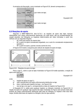 2006 8-39 ufpr/tc405
A armadura de fissuraÁ„o, como mostrada na Figura 8.33, dever· corresponder a:














=
c
yd
cd
2
pos,sx
fiss,sx
A
f
f
018,0
cm9,0
A25,0
maxA (por metro de laje)














=
c
yd
cd
2
pos,sy
fiss,sy
A
f
f
018,0
cm9,0
A25,0
maxA (por metro de laje)
EquaÁ„o 8.20
8.9 Reações de apoio
Segundo a ABNT NBR 6118, item 14.7.6.1, as reaÁıes de apoio das lajes maciÁas
retangulares com carga uniformemente distribuÌda, em cada apoio, s„o as correspondentes ‡s
cargas atuantes nos tri‚ngulos ou trapÈzios determinados por retas inclinadas, a partir dos
vÈrtices com os seguintes ‚ngulos:
− 45} entre dois apoios do mesmo tipo;
− 60} a partir do apoio considerado engastado, se o outro for considerado simplesmente
apoiado; e
− 90} a partir do apoio, quando a borda vizinha for livre.
A Figura 8.34 mostra o esquema para c·lculo de reaÁıes de apoio de lajes.
Figura 8.34 − ReaÁıes de apoio de lajes
Para a viga Vn, sobre a qual as lajes mostradas na Figura 8.34 est„o apoiadas, a reaÁ„o de
apoio ser· dada por:
i
nk
Vn
Ap
r
l
= EquaÁ„o 8.21
onde:
rVn reaÁ„o de apoio na viga Vn;
pk valor caracterÌstico da carga uniformemente distribuÌda na laje;
An ·rea n definida pelo trapÈzio de base li da Figura 8.34;
li v„o da laje e da viga Vn, correspondente a base do trapÈzio da Figura 8.34.
A EquaÁ„o 8.21 È v·lida para qualquer trapÈzio ou tri‚ngulo mostrado na Figura 8.34. A
reaÁ„o de apoio em qualquer viga suporte das lajes mostradas na Figura ser· sempre dada pelo
produto da carga uniformemente distribuÌda pela ·rea do tri‚ngulo ou trapÈzio onde atua esta
carga, dividido pela base do trapÈzio ou tri‚ngulo (v„o da viga suporte).
60} 45}
60}45}
An
Vn
li
60}
90}
90}45}
An
Vn
li
 