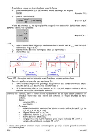 2006 8-46 ufpr/tc405
O coeficiente k deve ser determinado da seguinte forma:
a. para elementos onde 50% da armadura inferior n„o chega atÈ o apoio:
0,1k = EquaÁ„o 8.25
b. para os demais casos:
metrosemd
0,1
d6,1
maxk 




 −
= EquaÁ„o 8.26
A taxa de armadura ρ1, na regi„o prÛxima ao apoio onde est· sendo considerada a forÁa
cortante, È dada pela express„o:














=ρ
%2
db
A
min
w
1s
1 EquaÁ„o 8.27
onde:
As1 ·rea da armadura de traÁ„o que se estende atÈ n„o menos de d + lb,nec alÈm da seÁ„o
considerada (Figura 8.35)1
;
bw largura mÌnima da seÁ„o ao longo da altura ˙til d (1 metro); e
d altura ˙til da laje.
Figura 8.35 ñ Armadura a ser considerada na verificaÁ„o de forÁa cortante em lajes
De modo geral pode-se adotar para valores de As1:
a. 100% da armadura principal que chega ao apoio onde est· sendo considerada a forÁa
cortante, para o caso de armadura n„o alternada; e
b. 50% da armadura principal que chega ao apoio onde est· sendo considerada a forÁa
cortante, para o caso de armadura alternada.
Exemplo 8.7: Verificar, para o painel abaixo representado, se as lajes podem prescindir de
armadura transversal para resistir aos esforÁos de traÁ„o oriundos da forÁa
cortante.
Dados:
− concreto: C25; e
− aÁo: CA-60.
Considerar:
- estado limite ˙ltimo, combinaÁıes ˙ltimas normais, edificaÁ„o tipo 2 (γg = 1,4
γq = 1,4, γc = 1,4 e γs = 1,15);
− espessura das lajes (h): 10 cm;
− cobrimento nominal (cnom): 2,5 cm;
− barras de flex„o alternadas;
− carga permanente atuante nas lajes (peso prÛprio incluÌdo): 3,5 kN/m2
; e
− carga acidental atuante nas lajes: 1,5 kN/m2
.
1
Alguns autores preferem considerar, sempre, a armadura positiva que chega ao apoio, ignorando as armaduras
tracionadas negativas.
d
seÁ„o
considerada
As
d + lb,nec
As1 d
seÁ„o
considerada
As
d + lb,nec
As1
 
