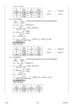 2006 8-50 ufpr/tc405
cm17scm7 ≤≤
mSd = -11,31 kNm/m
{
compress„odearmaduradeenecessidadh·n„omm
m/kNm32,19
lim,1Rd
m/kNm31,11
Sd ⇒<
321
m/kNcm1131mmm 1RdRdSd ===
OK272,0159,0
79,13,6100
1131
2c <=
××
=β



=β
=β
⇒⇒=β
000,1
896,0
159,0
s
z
tabela
c 321
m/cm20,1A 2
min,s =
OKm/cm20,1m/cm84,3
2,52000,13,6896,0
1131
A 22
s >=
×××
=
m/cm84,3A 2
s = ◄
cm17scm7 ≤≤
mSd = 3,18 kNm/m
{
compress„odearmaduradeenecessidadh·n„omm
m/kNm32,19
lim,1Rd
m/kNm18,3
Sd ⇒<
321
m/kNcm318mmm 1RdRdSd ===
OK272,0045,0
79,13,6100
318
2c <=
××
=β



=β
=β
⇒⇒=β
000,1
973,0
045,0
s
z
tabela
c 321
m/cm79,0A 2
min,s =
OKm/cm79,0m/cm99,0
2,52000,13,6973,0
318
A 22
s >=
×××
=
m/cm99,0A 2
s = ◄
cm17scm7 ≤≤
φ
(mm)
As,bar
(cm2
)
s
(cm)
As,ef
(cm2
/m)
6 0,283 7 4,04
7 0,385 10 3,85
►8 0,503 ►13 3,87
s cm → 0,283 cm2
100 cm → 3,84 cm2
φ
(mm)
As,bar
(cm2
)
s
(cm)
As,ef
(cm2
/m)
►5 0,196 ►11 1,78
6 0,283 16 1,77
7 0,385 17 2,26
s cm → 0,196 cm2
100 cm → 1,67 cm2
φ
(mm)
As,bar
(cm2
)
s
(cm)
As,ef
(cm2
/m)
►5 0,196 ►17 1,15
6 0,283 17 1,66
 