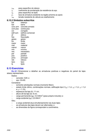 2006 8-62 ufpr/tc405
γreb peso especÌfico do reboco
γs coeficiente de ponderaÁ„o da resistÍncia do aÁo
γtij peso especÌfico do tijolo
ρ1 taxa de armadura existente na regi„o prÛxima ao apoio
τRd tens„o resistente de c·lculo ao cisalhamento
8.12.2 Símbolos subscritos
bal balanÁo
bar barra
conc arm concreto armado
cont piso contra-piso
cor corrigido
edif com edifÌcio comercial
ef efetivo
fiss fissuraÁ„o
gesso gesso
lim limite
maior maior
mat material
menor menor
min mÌnimo
nec necess·rio
par parede
pos positivo
princ principal
reb reboco
taco taco
tij tijolo
8.13 Exercícios
Ex. 8.1: Dimensionar e detalhar as armaduras positivas e negativas do painel de lajes
abaixo representado.
Dados:
− concreto: C20; e
− aÁo: CA-60.
Considerar:
− somente solicitaÁıes normais (momento fletor);
− estado limite ˙ltimo, combinaÁıes normais, edificaÁ„o tipo 2 (γg = 1,4, γq = 1,4, γc = 1,4
e γs = 1,15);
− espessura da laje (h): 11 cm;
− altura ˙til da laje (d): 8 cm;
− carga permanente (gk): 4,5 kN/m2
(peso prÛprio incluÌdo); e
− carga acidental (qk): 2,0 kN/m2
.
Obs.:
− a carga acidental atua simultaneamente nas duas lajes;
− as armaduras das lajes devem ser alternadas; e
− as dimensıes da figura correspondem a centÌmetros.
 