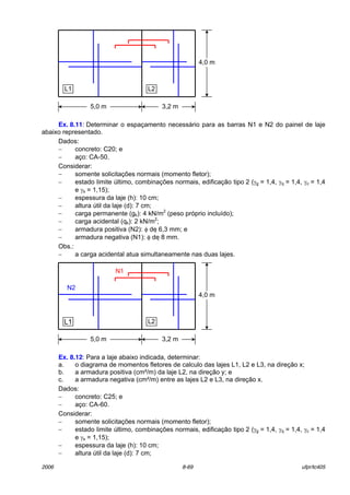 2006 8-69 ufpr/tc405
Ex. 8.11: Determinar o espaÁamento necess·rio para as barras N1 e N2 do painel de laje
abaixo representado.
Dados:
− concreto: C20; e
− aÁo: CA-50.
Considerar:
− somente solicitaÁıes normais (momento fletor);
− estado limite ˙ltimo, combinaÁıes normais, edificaÁ„o tipo 2 (γg = 1,4, γq = 1,4, γc = 1,4
e γs = 1,15);
− espessura da laje (h): 10 cm;
− altura ˙til da laje (d): 7 cm;
− carga permanente (gk): 4 kN/m2
(peso prÛprio incluÌdo);
− carga acidental (qk): 2 kN/m2
;
− armadura positiva (N2): φ de 6,3 mm; e
− armadura negativa (N1): φ de 8 mm.
Obs.:
− a carga acidental atua simultaneamente nas duas lajes.
Ex. 8.12: Para a laje abaixo indicada, determinar:
a. o diagrama de momentos fletores de calculo das lajes L1, L2 e L3, na direÁ„o x;
b. a armadura positiva (cm‚/m) da laje L2, na direÁ„o y; e
c. a armadura negativa (cm‚/m) entre as lajes L2 e L3, na direÁ„o x.
Dados:
− concreto: C25; e
− aÁo: CA-60.
Considerar:
− somente solicitaÁıes normais (momento fletor);
− estado limite ˙ltimo, combinaÁıes normais, edificaÁ„o tipo 2 (γg = 1,4, γq = 1,4, γc = 1,4
e γs = 1,15);
− espessura da laje (h): 10 cm;
− altura ˙til da laje (d): 7 cm;
5,0 m 3,2 m
4,0 m
L1 L2
5,0 m 3,2 m
4,0 m
L1 L2
N1
N2
 