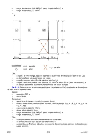 2006 8-70 ufpr/tc405
− carga permanente (gk): 4 kN/m2
(peso prÛprio incluÌdo); e
− carga acidental (qk): 2 kN/m2
.
Obs.:
− a laje L1 È em balanÁo, apoiada apenas na sua borda direita (ligaÁ„o com a laje L2);
− as demais lajes s„o suportadas por vigas;
− a regi„o entre as lajes L2 e L4 n„o tem laje (vazio);
− a laje L3 tem uma parede com peso de 2,5 kN/m2
e altura 2,8 m (·rea hachureada); e
− as cargas acidentais atuam simultaneamente em todas as lajes.
Ex. 8.13: Determinar as armaduras positivas e negativas (cm2
/m) na direÁ„o x do conjunto
de lajes abaixo representado.
Dados:
− concreto: C25; e
− aÁo: CA-50.
Considerar:
− somente solicitaÁıes normais (momento fletor);
− estado limite ˙ltimo, combinaÁıes normais, edificaÁ„o tipo 2 (γg = 1,4, γq = 1,4, γc = 1,4
e γs = 1,15);
− espessura da laje (h): 12 cm;
− altura ˙til da laje (d): 9 cm;
− carga permanente (gk): 5 kN/m2
(peso prÛprio incluÌdo); e
− carga acidental (qk): 3 kN/m2
.
Obs.:
− a carga acidental atua simultaneamente nas duas lajes;
− as armaduras das lajes devem ser alternadas; e
− apresentar, ao final dos c·lculos, o esquema das armaduras, com as indicaÁıes das
·reas (cm2
/m).
x
y
parede
pilar
vazado
2,0 m2,0 m4,0 m1,5 m
L2L1 L3
L4 3,0 m
4,0 m
 