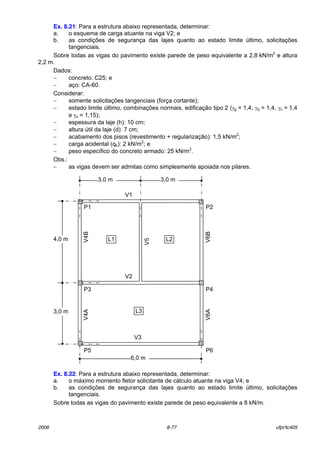 2006 8-77 ufpr/tc405
Ex. 8.21: Para a estrutura abaixo representada, determinar:
a. o esquema de carga atuante na viga V2; e
b. as condiÁıes de seguranÁa das lajes quanto ao estado limite ˙ltimo, solicitaÁıes
tangenciais.
Sobre todas as vigas do pavimento existe parede de peso equivalente a 2,8 kN/m2
e altura
2,2 m.
Dados:
− concreto: C25; e
− aÁo: CA-60.
Considerar:
− somente solicitaÁıes tangenciais (forÁa cortante);
− estado limite ˙ltimo, combinaÁıes normais, edificaÁ„o tipo 2 (γg = 1,4, γq = 1,4, γc = 1,4
e γs = 1,15);
− espessura da laje (h): 10 cm;
− altura ˙til da laje (d): 7 cm;
− acabamento dos pisos (revestimento + regularizaÁ„o): 1,5 kN/m2
;
− carga acidental (qk): 2 kN/m2
; e
− peso especÌfico do concreto armado: 25 kN/m3
.
Obs.:
− as vigas devem ser admitas como simplesmente apoiada nos pilares.
Ex. 8.22: Para a estrutura abaixo representada, determinar:
a. o m·ximo momento fletor solicitante de c·lculo atuante na viga V4; e
b. as condiÁıes de seguranÁa das lajes quanto ao estado limite ˙ltimo, solicitaÁıes
tangenciais.
Sobre todas as vigas do pavimento existe parede de peso equivalente a 8 kN/m.
V4B
V6B
V3
P1 P2
P3 P4
P5 P6
V1
V2
L1
L3
L2
V4A
V6A
6,0 m
3,0 m
4,0 m
3,0 m 3,0 m
V5
 