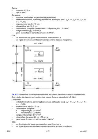 2006 8-78 ufpr/tc405
Dados:
− concreto: C25; e
− aÁo: CA-60.
Considerar:
− somente solicitaÁıes tangenciais (forÁa cortante);
− estado limite ˙ltimo, combinaÁıes normais, edificaÁ„o tipo 2 (γg = 1,4, γq = 1,4, γc = 1,4
e γs = 1,15);
− espessura da laje (h): 10 cm;
− altura ˙til da laje (d): 7 cm;
− acabamento dos pisos (revestimento + regularizaÁ„o): 1,5 kN/m2
;
− carga acidental (qk): 2 kN/m2
; e
− peso especÌfico do concreto armado: 25 kN/m3
.
Obs.:
− as dimensıes da figura correspondem a centÌmetros; e
− as vigas devem ser admitas como simplesmente apoiada nos pilares.
Ex. 8.23: Determinar o carregamento atuante nos pilares da estrutura abaixo representada.
Sobre todas as vigas do pavimento existe parede de peso equivalente a 9 kN/m.
Considerar:
− estado limite ˙ltimo, combinaÁıes normais, edificaÁ„o tipo 2 (γg = 1,4, γq = 1,4, γc = 1,4
e γs = 1,15);
− espessura da laje (h): 10 cm;
− acabamento dos pisos:
! regularizaÁ„o: 0,5 kN/m2
;
! revestimento: 1,0 kN/m2
;
− carga acidental (qk): 3,0 kN/m2
;
− dimensıes das vigas: 20 cm x 50 cm; e
− peso especÌfico do concreto armado: 25 kN/m3
.
Obs.:
− as dimensıes da figura correspondem a centÌmetros; e
− as vigas devem ser admitas como simplesmente apoiada nos pilares.
V4ñ20X50
P1
20X20
V1 ñ 20X50
V2 ñ 20X50
V3 ñ 20X50
L1
h = 10 cm
L2
h = 10 cm
P4
20X20
P3
20X20
P2
20X20
480
20 20
280
280
20
20
20
V5ñ20X50
 