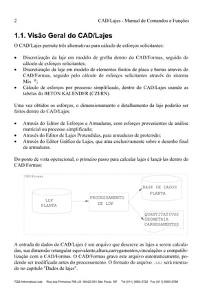 2 CAD/Lajes - Manual de Comandos e Funções
TQS Informática Ltda Rua dos Pinheiros 706 c/2 05422-001 São Paulo SP Tel (011) 3083-2722 Fax (011) 3083-2798
1.1. Visão Geral do CAD/Lajes
O CAD/Lajes permite três alternativas para cálculo de esforços solicitantes:
 Discretização da laje em modelo de grelha dentro do CAD/Formas, seguido do
cálculo de esforços solicitantes;
 Discretização da laje em modelo de elementos finitos de placa e barras através do
CAD/Formas, seguido pelo cálculo de esforços solicitantes através do sistema
Mix ;
 Cálculo de esforços por processo simplificado, dentro do CAD/Lajes usando as
tabelas do BETON KALENDER (CZERN).
Uma vez obtidos os esforços, o dimensionamento e detalhamento da laje poderão ser
feitos dentro do CAD/Lajes:
 Através do Editor de Esforços e Armaduras, com esforços provenientes de análise
matricial ou processo simplificado;
 Através do Editor de Lajes Protendidas, para armaduras de protensão;
 Através do Editor Gráfico de Lajes, que atua exclusivamente sobre o desenho final
de armaduras.
Do ponto de vista operacional, o primeiro passo para calcular lajes é lançá-las dentro do
CAD/Formas:
PROCESSAMENTO
QUANTITATIVOS
GEOMETRIA
CARREGAMENTOS
LDF
DE LDF
BASE DE DADOS
PLANTA
PLANTA
CAD/Formas
A entrada de dados do CAD/Lajes é um arquivo que descreve as lajes a serem calcula-
das, sua dimensão retangular equivalente,altura,carregamentos,vinculações e compatibi-
lização com o CAD/Formas. O CAD/Formas grava este arquivo automaticamente, po-
dendo ser modificado antes do processamento. O formato do arquivo .LAJ será mostra-
do no capítulo "Dados de lajes".
 
