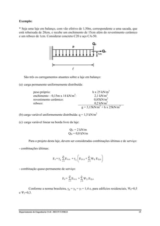 Exemplo:

* Seja uma laje em balanço, com vão efetivo de 1,50m, correspondente a uma sacada, que
está rebaixada de 20cm, e recebe um enchimento de 15cm além do revestimento cerâmico
e um reboco de 1cm. Considerar concreto C20 e aço CA-50.

                                                                    QV
                                                        p
                                                                              QH
                                                                         1m




                                                        l

    São três os carregamentos atuantes sobre a laje em balanço:

(a) carga permanente uniformemente distribuída:

             peso próprio:                                           h x 25 kN/m3
             enchimento – 0,15m x 14 kN/m3:                           2,1 kN/m2
             revestimento cerâmico:                                   0,85kN/m2
             reboco:                                                  0,2 kN/m2
                                                             g = 3,15kN/m2 + h x 25kN/m3

(b) carga variável uniformemente distribuída: q = 1,5 kN/m2

(c) carga variável linear na borda livre da laje:

                                                  QV = 2 kN/m
                                                 QH = 0,8 kN/m

         Para o projeto desta laje, devem ser consideradas combinações últimas e de serviço:

- combinações últimas:

                                         m            ⎛          n           ⎞
                               Fd = γ g ∑ FGi,k + γ q ⎜ FQ1,k + ∑ Ψ 0j FQj,k ⎟
                                        i =1          ⎝         j= 2         ⎠

- combinação quase-permanente de serviço:

                                                 m           n
                                        Fd = ∑ FGi, k + ∑ Ψ 2j FQj, k
                                                 i =1       j =1



      Conforme a norma brasileira, γg = γq = γf = 1,4 e, para edifícios residenciais, Ψ0=0,5
e Ψ2=0,3.




Departamento de Engenharia Civil - DECIV/UFRGS                                                 15
 