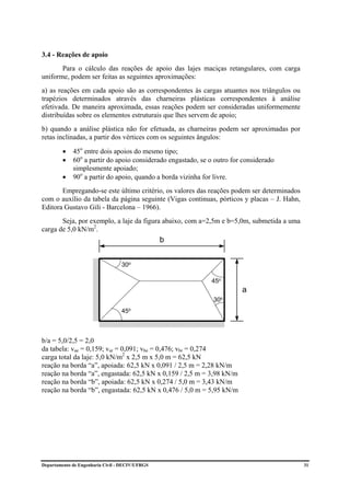 3.4 - Reações de apoio
       Para o cálculo das reações de apoio das lajes maciças retangulares, com carga
uniforme, podem ser feitas as seguintes aproximações:
a) as reações em cada apoio são as correspondentes às cargas atuantes nos triângulos ou
trapézios determinados através das charneiras plásticas correspondentes à análise
efetivada. De maneira aproximada, essas reações podem ser consideradas uniformemente
distribuídas sobre os elementos estruturais que lhes servem de apoio;
b) quando a análise plástica não for efetuada, as charneiras podem ser aproximadas por
retas inclinadas, a partir dos vértices com os seguintes ângulos:

         •   45o entre dois apoios do mesmo tipo;
         •   60o a partir do apoio considerado engastado, se o outro for considerado
             simplesmente apoiado;
         •   90o a partir do apoio, quando a borda vizinha for livre.
       Empregando-se este último critério, os valores das reações podem ser determinados
com o auxílio da tabela da página seguinte (Vigas continuas, pórticos y placas – J. Hahn,
Editora Gustavo Gili - Barcelona – 1966).
       Seja, por exemplo, a laje da figura abaixo, com a=2,5m e b=5,0m, submetida a uma
carga de 5,0 kN/m2.
                                                 b


                                  30o

                                                             45o
                                                                        a
                                                              30o
                                  45o



b/a = 5,0/2,5 = 2,0
da tabela: vae = 0,159; var = 0,091; vbe = 0,476; vbr = 0,274
carga total da laje: 5,0 kN/m2 x 2,5 m x 5,0 m = 62,5 kN
reação na borda “a”, apoiada: 62,5 kN x 0,091 / 2,5 m = 2,28 kN/m
reação na borda “a”, engastada: 62,5 kN x 0,159 / 2,5 m = 3,98 kN/m
reação na borda “b”, apoiada: 62,5 kN x 0,274 / 5,0 m = 3,43 kN/m
reação na borda “b”, engastada: 62,5 kN x 0,476 / 5,0 m = 5,95 kN/m




Departamento de Engenharia Civil - DECIV/UFRGS                                              31
 