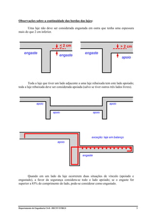 Observações sobre a continuidade das bordas das lajes:

       Uma laje não deve ser considerada engastada em outra que tenha uma espessura
mais do que 2 cm inferior.



                                       < 2 cm                                     > 2 cm
     engaste                                         engaste
                                       engaste
                                                                                   apoio




        Toda a laje que tiver um lado adjacente a uma laje rebaixada tem este lado apoiado;
toda a laje rebaixada deve ser considerada apoiada (salvo se tiver outros três lados livres).




                 apoio                                                   apoio


                                 apoio                       apoio




                                                           exceção: laje em balanço
                                     apoio



                                                   engaste




       Quando em um lado da laje ocorrerem duas situações de vínculo (apoiado e
engastado), a favor da segurança considera-se todo o lado apoiado; se o engaste for
superior a 85% do comprimento do lado, pode-se considerar como engastado.




Departamento de Engenharia Civil - DECIV/UFRGS                                                  3
 