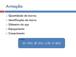Armação






Quantidade de barras
Identificação da barra
Diâmetro do aço
Espaçamento
Comprimento
Exemplo

23 N22 Ø 10.0 c/20 C=853

 