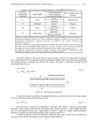 UNESP(Bauru/SP) 2117 - Estruturas de Concreto I – Lajes de Concreto 11
Tabela 1 - Classes de agressividade ambiental – CAA (NBR 6118, Tabela 6.1).
Classe de
agressividade
Ambiental
Agressividade
Classificação geral do
tipo de ambiente
para efeito de Projeto
Risco de deterioração da
estrutura
I Fraca
Rural
Insignificante
Submersa
II Moderada Urbana1, 2
Pequeno
III Forte
Marinha1
Grande
Industrial1, 2
IV Muito forte
Industrial1, 3
Elevado
Respingos de maré
NOTAS: 1) Pode-se admitir um microclima com uma classe de agressividade mais branda (uma classe
acima) para ambientes internos secos (salas, dormitórios, banheiros, cozinhas e áreas de serviço de
apartamentos residenciais e conjuntos comerciais ou ambientes com concreto revestido com
argamassa e pintura).
2) Pode-se admitir uma classe de agressividade mais branda (uma classe acima) em obras em regiões
de clima seco, com umidade média relativa do ar menor ou igual a 65 %, partes da estrutura
protegidas de chuva em ambientes predominantemente secos ou regiões onde raramente chove.
3) Ambientes quimicamente agressivos, tanques industriais, galvanoplastia, branqueamento em
indústrias de celulose e papel, armazéns de fertilizantes, indústrias químicas.
Nas obras correntes o valor de ∆c deve ser maior ou igual a 10 mm. Esse valor pode ser reduzido
para 5 mm quando houver um adequado controle de qualidade e rígidos limites de tolerância da variabilidade
das medidas durante a execução das estruturas de concreto. Em geral, o cobrimento nominal de uma
determinada barra deve ser:
nc
c
nfeixenom
barranom
φ=φ=φ≥
φ≥
Eq. 15
c
c
Armaduras longitudinais
h
Figura 14 – Cobrimento da armadura.
A dimensão máxima característica do agregado graúdo (dmáx) utilizado no concreto não pode superar
em 20 % a espessura nominal do cobrimento, ou seja:
nommáx c2,1d ≤ Eq. 16
Para determinar a espessura do cobrimento é necessário antes definir a classe de agressividade
ambiental a qual a estrutura está inserida. Nos projetos das estruturas correntes, a agressividade ambiental
deve ser classificada de acordo com o apresentado na Tabela 2 e pode ser avaliada, simplificadamente,
segundo as condições de exposição da estrutura ou de suas partes (item 6.4.2).
A Tabela 2 apresenta valores de cobrimento nominal de lajes, vigas e pilares, para a tolerância de
execução (∆c) de 10 mm, em função da classe de agressividade ambiental.
 