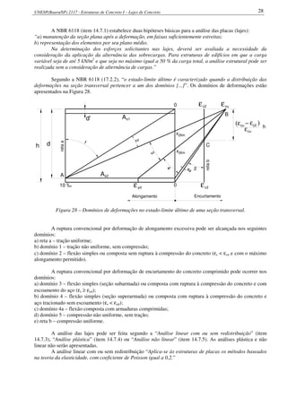 UNESP(Bauru/SP) 2117 - Estruturas de Concreto I – Lajes de Concreto 28
A NBR 6118 (item 14.7.1) estabelece duas hipóteses básicas para a análise das placas (lajes):
“a) manutenção da seção plana após a deformação, em faixas suficientemente estreitas;
b) representação dos elementos por seu plano médio.
Na determinação dos esforços solicitantes nas lajes, deverá ser avaliada a necessidade da
consideração da aplicação da alternância das sobrecargas. Para estruturas de edifícios em que a carga
variável seja de até 5 kN/m2
e que seja no máximo igual a 50 % da carga total, a análise estrutural pode ser
realizada sem a consideração de alternância de cargas.”
Segundo a NBR 6118 (17.2.2), “o estado-limite último é caracterizado quando a distribuição das
deformações na seção transversal pertencer a um dos domínios [...]”. Os domínios de deformações estão
apresentados na Figura 28.
yd
4
3
1
d
10 ‰
A
retaa
s2A
ε
d' As1
h
2limx
4a 5
0
x3lim
retab
C
0
B
Alongamento Encurtamento
2
εcuc2ε
εc2
ε )c2(ε −cu
cuε h
Figura 28 – Domínios de deformações no estado-limite último de uma seção transversal.
A ruptura convencional por deformação de alongamento excessiva pode ser alcançada nos seguintes
domínios:
a) reta a – tração uniforme;
b) domínio 1 – tração não uniforme, sem compressão;
c) domínio 2 – flexão simples ou composta sem ruptura à compressão do concreto (εc < εcu e com o máximo
alongamento permitido).
A ruptura convencional por deformação de encurtamento do concreto comprimido pode ocorrer nos
domínios:
a) domínio 3 – flexão simples (seção subarmada) ou composta com ruptura à compressão do concreto e com
escoamento do aço (εs ≥ εyd);
b) domínio 4 – flexão simples (seção superarmada) ou composta com ruptura à compressão do concreto e
aço tracionado sem escoamento (εs < εyd);
c) domínio 4a – flexão composta com armaduras comprimidas;
d) domínio 5 – compressão não uniforme, sem tração;
e) reta b – compressão uniforme.
A análise das lajes pode ser feita segundo a “Análise linear com ou sem redistribuição” (item
14.7.3), “Análise plástica” (item 14.7.4) ou “Análise não linear” (item 14.7.5). As análises plástica e não
linear não serão apresentadas.
A análise linear com ou sem redistribuição “Aplica-se às estruturas de placas os métodos baseados
na teoria da elasticidade, com coeficiente de Poisson igual a 0,2.”
 