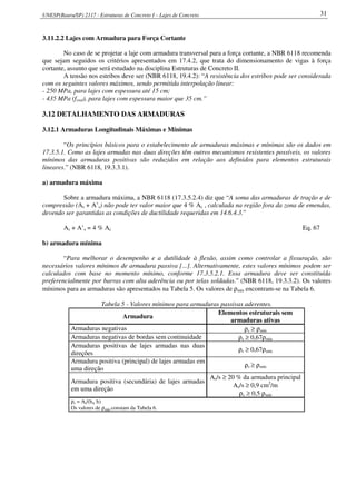 UNESP(Bauru/SP) 2117 - Estruturas de Concreto I – Lajes de Concreto 31
3.11.2.2 Lajes com Armadura para Força Cortante
No caso de se projetar a laje com armadura transversal para a força cortante, a NBR 6118 recomenda
que sejam seguidos os critérios apresentados em 17.4.2, que trata do dimensionamento de vigas à força
cortante, assunto que será estudado na disciplina Estruturas de Concreto II.
A tensão nos estribos deve ser (NBR 6118, 19.4.2): “A resistência dos estribos pode ser considerada
com os seguintes valores máximos, sendo permitida interpolação linear:
- 250 MPa, para lajes com espessura até 15 cm;
- 435 MPa (fywd), para lajes com espessura maior que 35 cm.”
3.12 DETALHAMENTO DAS ARMADURAS
3.12.1 Armaduras Longitudinais Máximas e Mínimas
“Os princípios básicos para o estabelecimento de armaduras máximas e mínimas são os dados em
17.3.5.1. Como as lajes armadas nas duas direções têm outros mecanismos resistentes possíveis, os valores
mínimos das armaduras positivas são reduzidos em relação aos definidos para elementos estruturais
lineares.” (NBR 6118, 19.3.3.1).
a) armadura máxima
Sobre a armadura máxima, a NBR 6118 (17.3.5.2.4) diz que “A soma das armaduras de tração e de
compressão (As + A’s) não pode ter valor maior que 4 % Ac , calculada na região fora da zona de emendas,
devendo ser garantidas as condições de ductilidade requeridas em 14.6.4.3.”
As + A’s = 4 % Ac Eq. 67
b) armadura mínima
“Para melhorar o desempenho e a dutilidade à flexão, assim como controlar a fissuração, são
necessários valores mínimos de armadura passiva [...]. Alternativamente, estes valores mínimos podem ser
calculados com base no momento mínimo, conforme 17.3.5.2.1. Essa armadura deve ser constituída
preferencialmente por barras com alta aderência ou por telas soldadas.” (NBR 6118, 19.3.3.2). Os valores
mínimos para as armaduras são apresentados na Tabela 5. Os valores de ρmín encontram-se na Tabela 6.
Tabela 5 - Valores mínimos para armaduras passivas aderentes.
Armadura
Elementos estruturais sem
armaduras ativas
Armaduras negativas ρs ≥ ρmín
Armaduras negativas de bordas sem continuidade ρs ≥ 0,67ρmín
Armaduras positivas de lajes armadas nas duas
direções
ρs ≥ 0,67ρmín
Armadura positiva (principal) de lajes armadas em
uma direção
ρs ≥ ρmín
Armadura positiva (secundária) de lajes armadas
em uma direção
Αs/s ≥ 20 % da armadura principal
Αs/s ≥ 0,9 cm2
/m
ρs ≥ 0,5 ρmín
ρs = As/(bw h)
Os valores de ρmín constam da Tabela 6.
 