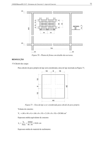 UNESP(Bauru/SP) 2117 - Estruturas de Concreto I – Lajes de Concreto 72
600
700
819198
8 9 9 9 9 8 9 9 9 9 8
20
20
20 20
44 44
419
8388
46
Figura 70 – Planta de fôrma com detalhe das nervuras.
RESOLUÇÃO
1º) Cálculo das cargas
Para cálculo do peso próprio da laje será considerada a área de laje mostrada na Figura 71.
19819
18 8 18
44
46
Figura 71 – Área da laje a ser considerada para cálculo do peso próprio.
Volume de concreto:
Vc = (46 x 44 x 4) + (46 x 8 x 19) + 2 (18 x 8 x 19) = 20.560 cm3
Espessura média equivalente de concreto:
16,10
44.46
20560
Área
V
e c
c === cm
Espessura média do material de enchimento:
 