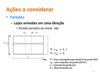 Ações a considerar
• Paredes
– Lajes armadas em uma direção
• Parede paralela ao maior vão
18
 