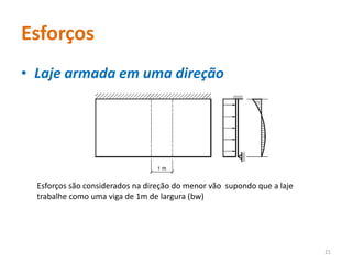Esforços
• Laje armada em uma direção
Esforços são considerados na direção do menor vão supondo que a laje
trabalhe como uma viga de 1m de largura (bw)
21
 