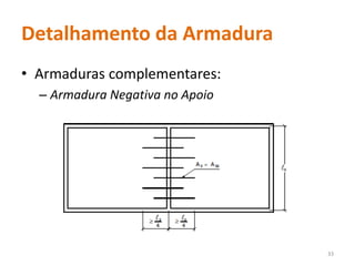 Detalhamento da Armadura
• Armaduras complementares:
– Armadura Negativa no Apoio
33
 
