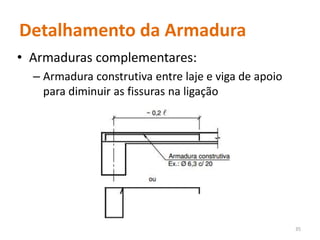 Detalhamento da Armadura
• Armaduras complementares:
– Armadura construtiva entre laje e viga de apoio
para diminuir as fissuras na ligação
35
 