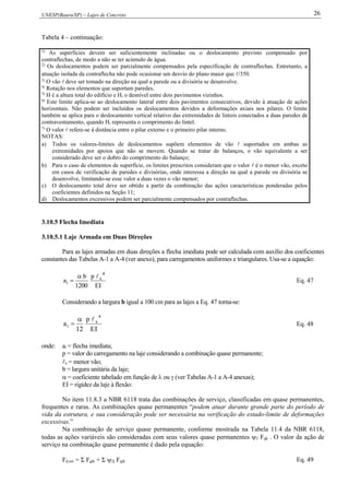 UNESP(Bauru/SP) – Lajes de Concreto 26
Tabela 4 – continuação:
1)
As superfícies devem ser suficientemente inclinadas ou o deslocamento previsto compensado por
contraflechas, de modo a não se ter acúmulo de água.
2)
Os deslocamentos podem ser parcialmente compensados pela especificação de contraflechas. Entretanto, a
atuação isolada da contraflecha não pode ocasionar um desvio do plano maior que /350.
3)
O vão  deve ser tomado na direção na qual a parede ou a divisória se desenvolve.
4)
Rotação nos elementos que suportam paredes.
5)
H é a altura total do edifício e Hi o desnível entre dois pavimentos vizinhos.
6)
Este limite aplica-se ao deslocamento lateral entre dois pavimentos consecutivos, devido à atuação de ações
horizontais. Não podem ser incluídos os deslocamentos devidos a deformações axiais nos pilares. O limite
também se aplica para o deslocamento vertical relativo das extremidades de linteis conectados a duas paredes de
contraventamento, quando Hi representa o comprimento do lintel.
7)
O valor  refere-se à distância entre o pilar externo e o primeiro pilar interno.
NOTAS:
a) Todos os valores-limites de deslocamentos supõem elementos de vão  suportados em ambas as
extremidades por apoios que não se movem. Quando se tratar de balanços, o vão equivalente a ser
considerado deve ser o dobro do comprimento do balanço;
b) Para o caso de elementos de superfície, os limites prescritos consideram que o valor  é o menor vão, exceto
em casos de verificação de paredes e divisórias, onde interessa a direção na qual a parede ou divisória se
desenvolve, limitando-se esse valor a duas vezes o vão menor;
c) O deslocamento total deve ser obtido a partir da combinação das ações características ponderadas pelos
coeficientes definidos na Seção 11;
d) Deslocamentos excessivos podem ser parcialmente compensados por contraflechas.
3.10.5 Flecha Imediata
3.10.5.1 Laje Armada em Duas Direções
Para as lajes armadas em duas direções a flecha imediata pode ser calculada com auxílio dos coeficientes
constantes das Tabelas A-1 a A-4 (ver anexo), para carregamentos uniformes e triangulares. Usa-se a equação:
IE
p
1200
b
a
4
x
i

 Eq. 47
Considerando a largura b igual a 100 cm para as lajes a Eq. 47 torna-se:
IE
p
12
a
4
x
i

 Eq. 48
onde: ai = flecha imediata;
p = valor do carregamento na laje considerando a combinação quase permanente;
x = menor vão;
b = largura unitária da laje;
 = coeficiente tabelado em função de  ou  (ver Tabelas A-1 a A-4 anexas);
EI = rigidez da laje à flexão:
No item 11.8.3 a NBR 6118 trata das combinações de serviço, classificadas em quase permanentes,
frequentes e raras. As combinações quase permanentes “podem atuar durante grande parte do período de
vida da estrutura, e sua consideração pode ser necessária na verificação do estado-limite de deformações
excessivas.”
Na combinação de serviço quase permanente, conforme mostrada na Tabela 11.4 da NBR 6118,
todas as ações variáveis são consideradas com seus valores quase permanentes 2 Fqk . O valor da ação de
serviço na combinação quase permanente é dado pela equação:
Fd,ser = Σ Fgik + Σ 2j Fqjk Eq. 49
 