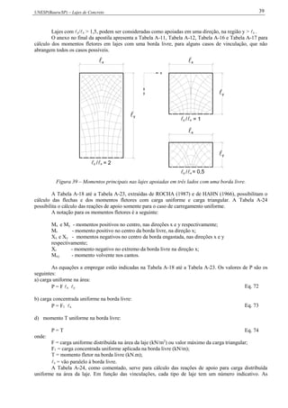 UNESP(Bauru/SP) – Lajes de Concreto 39
Lajes com y/x > 1,5, podem ser consideradas como apoiadas em uma direção, na região y > x .
O anexo no final da apostila apresenta a Tabela A-11, Tabela A-12, Tabela A-16 e Tabela A-17 para
cálculo dos momentos fletores em lajes com uma borda livre, para alguns casos de vinculação, que não
abrangem todos os casos possíveis.
y
x
= 0,5/ y x
x
y
y x/ = 2
y
x
x
y
y / x = 1
Figura 39 – Momentos principais nas lajes apoiadas em três lados com uma borda livre.
A Tabela A-18 até a Tabela A-23, extraídas de ROCHA (1987) e de HAHN (1966), possibilitam o
cálculo das flechas e dos momentos fletores com carga uniforme e carga triangular. A Tabela A-24
possibilita o cálculo das reações de apoio somente para o caso de carregamento uniforme.
A notação para os momentos fletores é a seguinte:
Mx e My - momentos positivos no centro, nas direções x e y respectivamente;
Mr - momento positivo no centro da borda livre, na direção x;
Xx e Xy - momentos negativos no centro da borda engastada, nas direções x e y
respectivamente;
Xr - momento negativo no extremo da borda livre na direção x;
Mxy - momento volvente nos cantos.
As equações a empregar estão indicadas na Tabela A-18 até a Tabela A-23. Os valores de P são os
seguintes:
a) carga uniforme na área:
P = F x y Eq. 72
b) carga concentrada uniforme na borda livre:
P = F1 x Eq. 73
d) momento T uniforme na borda livre:
P = T Eq. 74
onde:
F = carga uniforme distribuída na área da laje (kN/m2
) ou valor máximo da carga triangular;
F1 = carga concentrada uniforme aplicada na borda livre (kN/m);
T = momento fletor na borda livre (kN.m);
x = vão paralelo à borda livre.
A Tabela A-24, como comentado, serve para cálculo das reações de apoio para carga distribuída
uniforme na área da laje. Em função das vinculações, cada tipo de laje tem um número indicativo. As
 