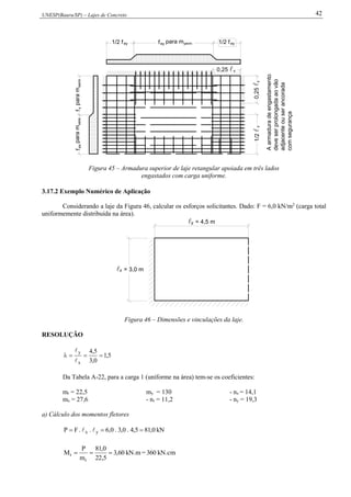 UNESP(Bauru/SP) – Lajes de Concreto 42
Aarmaduradeengastamento
deveserprolongadaaovão
adjacenteouserancorada
comsegurança
1/2y
ey1/2 f yermpara meyf
0,25 
0,25y
x
1/2 fey
paramfexxereparamfxxerm
Figura 45 – Armadura superior de laje retangular apoiada em três lados
engastados com carga uniforme.
3.17.2 Exemplo Numérico de Aplicação
Considerando a laje da Figura 46, calcular os esforços solicitantes. Dado: F = 6,0 kN/m2
(carga total
uniformemente distribuída na área).
 = 4,5 my
 = 3,0 mx
Figura 46 – Dimensões e vinculações da laje.
RESOLUÇÃO
5,1
0,3
5,4
x
y



Da Tabela A-22, para a carga 1 (uniforme na área) tem-se os coeficientes:
mr = 22,5 my = 130 - nx = 14,1
mx = 27,6 - nr = 11,2 - ny = 19,3
a) Cálculo dos momentos fletores
kN0,815,4.0,3.0,6..FP yx  
kN.cm360=kN.m60,3
5,22
0,81
m
P
M
r
r 
 