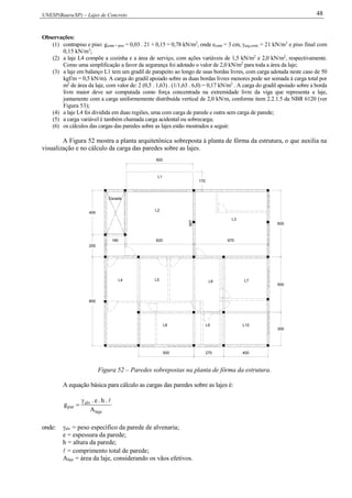 UNESP(Bauru/SP) – Lajes de Concreto 48
Observações:
(1) contrapiso e piso: gcontr + piso = 0,03 . 21 + 0,15 = 0,78 kN/m2
, onde econtr = 3 cm, arg,contr = 21 kN/m3
e piso final com
0,15 kN/m3
;
(2) a laje L4 compõe a cozinha e a área de serviço, com ações variáveis de 1,5 kN/m2
e 2,0 kN/m2
, respectivamente.
Como uma simplificação a favor da segurança foi adotado o valor de 2,0 kN/m2
para toda a área da laje;
(3) a laje em balanço L1 tem um gradil de parapeito ao longo de usas bordas livres, com carga adotada neste caso de 50
kgf/m = 0,5 kN/m). A carga do gradil apoiado sobre as duas bordas livres menores pode ser somada à carga total por
m2
de área da laje, com valor de: 2 (0,5 . 1,63) . (1/1,63 . 6,0) = 0,17 kN/m2
. A carga do gradil apoiado sobre a borda
livre maior deve ser computada como força concentrada na extremidade livre da viga que representa a laje,
juntamente com a carga uniformemente distribuída vertical de 2,0 kN/m, conforme item 2.2.1.5 da NBR 6120 (ver
Figura 53);
(4) a laje L4 foi dividida em duas regiões, uma com carga de parede e outra sem carga de parede;
(5) a carga variável é também chamada carga acidental ou sobrecarga;
(6) os cálculos das cargas das paredes sobre as lajes estão mostrados a seguir.
A Figura 52 mostra a planta arquitetônica sobreposta à planta de fôrma da estrutura, o que auxilia na
visualização e no cálculo da carga das paredes sobre as lajes.
567
Escada
L8 L9 L10
300
500
800
180 670
200
400
500 270 400
600
620
170
600
L2
L3
L1
L4 L5 L6 L7
Figura 52 – Paredes sobrepostas na planta de fôrma da estrutura.
A equação básica para cálculo as cargas das paredes sobre as lajes é:
laje
alv
par
A
.h.e.
g


onde: alv = peso específico da parede de alvenaria;
e = espessura da parede;
h = altura da parede;
 = comprimento total de parede;
Alaje = área da laje, considerando os vãos efetivos.
 
