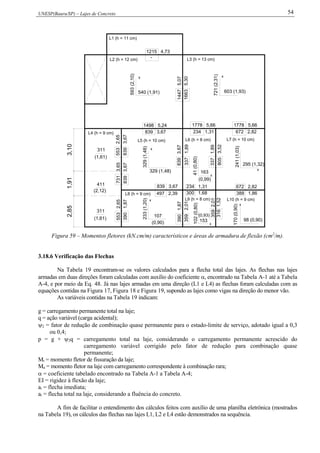 UNESP(Bauru/SP) – Lajes de Concreto 54
2,853,101,91
5532,657313,65
234 1,31
300 1,68
234 1,31
497 2,39
839 3,67
839 3,67 672 2,82
14475,07
1498 5,24
1215 4,73
1778 5,66
16635,30
1778 5,66
x
593(2,10)
540 (1,91)
x
721(2,31)
603 (1,93)
311
411
311
3901,878393,678393,67
5532,65
3371,89
8393,67
3592,01
3901,87
3161,52
3592,01
672 2,82
388 1,86
8053,52
3371,89
x
329(1,48)
329 (1,48)
41(0,80)
x
163
295 (1,32)
241(1,03)
98 (0,90)
170(0,90)
x
153
102(0,80)
x
107
233(1,20)
x
x
-
L1 (h = 11 cm)
L2 (h = 12 cm) L3 (h = 13 cm)
L4 (h = 9 cm)
L5 (h = 10 cm) L6 (h = 8 cm) L7 (h = 10 cm)
L8 (h = 9 cm)
L9 (h = 8 cm) L10 (h = 9 cm)
(0,90)
(0,99)
(1,61)
(2,12)
(1,61)
(0,93)
Figura 59 – Momentos fletores (kN.cm/m) característicos e áreas de armadura de flexão (cm2
/m).
3.18.6 Verificação das Flechas
Na Tabela 19 encontram-se os valores calculados para a flecha total das lajes. As flechas nas lajes
armadas em duas direções foram calculadas com auxílio do coeficiente , encontrado na Tabela A-1 até a Tabela
A-4, e por meio da Eq. 48. Já nas lajes armadas em uma direção (L1 e L4) as flechas foram calculadas com as
equações contidas na Figura 17, Figura 18 e Figura 19, supondo as lajes como vigas na direção do menor vão.
As variáveis contidas na Tabela 19 indicam:
g = carregamento permanente total na laje;
q = ação variável (carga acidental);
2 = fator de redução de combinação quase permanente para o estado-limite de serviço, adotado igual a 0,3
ou 0,4;
p = g + 2q = carregamento total na laje, considerando o carregamento permanente acrescido do
carregamento variável corrigido pelo fator de redução para combinação quase
permanente;
Mr = momento fletor de fissuração da laje;
Ma = momento fletor na laje com carregamento correspondente à combinação rara;
 = coeficiente tabelado encontrado na Tabela A-1 a Tabela A-4;
EI = rigidez à flexão da laje;
ai = flecha imediata;
at = flecha total na laje, considerando a fluência do concreto.
A fim de facilitar o entendimento dos cálculos feitos com auxílio de uma planilha eletrônica (mostrados
na Tabela 19), os cálculos das flechas nas lajes L1, L2 e L4 estão demonstrados na sequência.
 