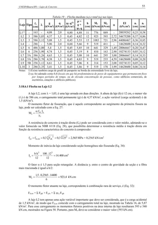 UNESP(Bauru/SP) – Lajes de Concreto 55
Tabela 19 – Flecha imediata (ai) e total (at) nas lajes.
Laje Tipo x
(cm)

g
(kN/m2
)
q
(kN/m2
)
2 q(2)
(kN/m2
)
p =
g +
2 q
h
(cm)
Mr
(kNcm)
Ma
(kNcm)

EI
(kN.cm2
)
ai
(cm)
at
(cm)
L1(1)
- 163 - 4,08 2,0 0,80 4,88 11 776 889 - 20039262 0,25 0,58
L2 3 586 1,03 4,37 1,5 0,45 4,82 12 923 593 2,72 34675200 0,37 0,86
L3 3 586 1,12 5,08 1,5 0,45 5,53 13 1083 721 2,96 44086467 0,36 0,85
L4 - 286 - 5,06 2,0 0,60 5,66 9 519 411 - 14628600 0,14 0,32
L5 6 486 1,00 5,4 1,5 0,45 5,85 10 641 329 1,49 20066667 0,20 0,47
L6 6 256 1,90 4,74 1,5 0,45 5,19 8 410 163 2,90 10274133 0,05 0,12
L7 5A 386 1,26 4,63 1,5 0,45 5,08 10 641 295 3,00 20066667 0,14 0,33
L8 5A 286 1,70 4,38 1,5 0,45 4,83 9 519 233 4,59 14628600 0,08 0,20
L9 5B 256 1,12 6,61 1,5 0,45 7,06 8 314 153 2,08 10274133 0,05 0,12
L10 3 286 1,35 3,41 1,5 0,45 3,86 9 519 170 3,99 14628600 0,06 0,14
Notas: 1) Existe também carga de gradil de parapeito na borda da extremidade livre da laje;
2) 2 foi adotado como 0,4 (locais em que há predominância de pesos de equipamentos que permanecem fixos
por longos períodos de tempo, ou de elevada concentração de pessoas, como edifícios comerciais, de
escritórios, estações e edifícios públicos).
3.18.6.1 Flecha na Laje L2
A laje L2, com  = 1,03, é uma laje armada em duas direções. A altura da laje (h) é 12 cm, o menor vão
(x) é de 586 cm, o carregamento total permanente (g) é de 4,37 kN/m2
, a ação variável (carga acidental) é de
1,5 (kN/m2
).
O momento fletor de fissuração, que é aquele correspondente ao surgimento da primeira fissura na
laje, pode ser calculado com a Eq. 27:
t
cct
r
y
If
M


A resistência do concreto à tração direta (fct) pode ser considerada com o valor médio, adotando-se o
valor fornecido na NBR 6118 (Eq. 28), que possibilita determinar a resistência média à tração direta em
função da resistência característica do concreto à compressão:
565,2253,0f3,0ff
3 23 2
ckm,ctct  MPa = 0,2565 kN/cm2
Momento de inércia da laje considerando seção homogênea não fissurada (Eq. 34):
400.14
12
12.100
12
hb
I
33
c  cm4
O fator  é 1,5 para seção retangular. A distância yt entre o centro de gravidade da seção e a fibra
mais tracionada é igual a h/2:
4,923
6
14400.2565,0.5,1
Mr  kN.cm
O momento fletor atuante na laje, correspondente à combinação rara de serviço, é (Eq. 32):
Fd,ser = Σ Fgik + Fq1k + Σ 1j Fqjk
A laje L2 tem apenas uma ação variável importante que deve ser considerada, que é a carga acidental
de 1,5 kN/m2
, de modo que Fd,ser coincide com o carregamento total na laje, mostrado na Tabela 16, de 5,87
kN/m2
. Para esse carregamento os momentos fletores positivos na área interna da laje resultaram 593 e 540
kN.cm, mostrados na Figura 58. Portanto, para Ma deve-se considerar o maior valor (593 kN.cm).
 