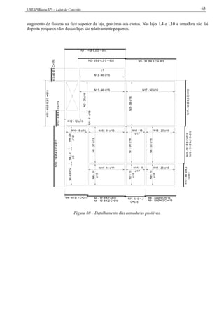 UNESP(Bauru/SP) – Lajes de Concreto 63
surgimento de fissuras na face superior da laje, próximas aos cantos. Nas lajes L4 e L10 a armadura não foi
disposta porque os vãos dessas lajes são relativamente pequenos.
L1
N2 - 25 Ø 6,3 C = 633
N1 - 11 Ø 6,3 C = 813
N3 - 36 Ø 6,3 C = 683
N11 - 40 c/15N1-11c/16
N2-25c/16
N12 - 12 c/15
N17 - 50 c/13
N3-36c/16
N13 - 40 c/15
N10-19Ø4,2C=813
N11-40Ø6,3C=613
N12-12Ø6,3C=213
N13-40Ø5C=176
N17-50Ø6,3C=613
N16-15Ø4,2C=510
N14 - 25 c/15
N9-19
N14 - 15
N7-19
N14 - 44 c/11
N6-19
N4-23c/12
N7 - 53 Ø 4,2
C=275
c/17
N4 - 69 Ø 5 C=313
N6 - 19 Ø 4,2 C=510
N5 - 37 Ø 5 C=510
c/15
c/15
N8 - 32 Ø 5 C=413
N9 - 19 Ø 4,2 C=413
c/15
N14-84Ø4,2
C=313
N16 - 15N15 - 37 c/13
N5-37c/13
c/12
N4-25N4-21
c/9
N10-19 c/15 N7-34c/14
c/17
N15-57Ø5C=510
N8-32c/15
N15 - 20 c/19
Figura 60 – Detalhamento das armaduras positivas.
 