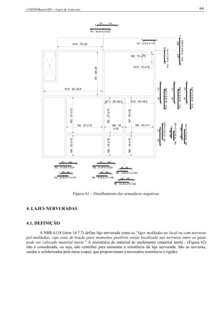 UNESP(Bauru/SP) – Lajes de Concreto 64
N8-16Ø6,3C=128
4080
44
99
9 9
64
12060
N7 - 53 Ø 6,3 C=190
N4 - 23 Ø 6,3 C=145
45 90
5 5
N12 - 45 c/8,5N11 - 29 c/8,5
69
85170
N12-45Ø8C=270
N11-29Ø8C=268
17085
94
58
85170
N10-82Ø8C=268
65
12060
N9-35Ø6,3C=191
5
N6 - 19 Ø 6,3 C=144
45 90
4 5
45
9045
N6 - 19 Ø 6,3 C=146
N5 - 37 Ø 8 C=220
70 140
6 4
N13-10Ø5C=170
N13 - 10 c/15
N2 - 10 c/15
N2 - 10 Ø 5 C=170
N1 - 64 Ø 8 C=272
17085
98
N1-64c/9
N10 - 82 c/9,5
N14-75Ø8C=349
167167
78
N14 - 75 c/8
65
14070
N3 - 37 Ø 8 C=221
N3-37Ø8C=221
6
70140
N9 - 35 c/11N8 - 16
N7-53c/9c/16
N5-37c/13
N6-19c/15
N6-19c/15
N3-37c/13N4-23c/12
N3 - 37 c/13
Figura 61 – Detalhamento das armaduras negativas.
4. LAJES NERVURADAS
4.1. DEFINIÇÃO
A NBR 6118 (item 14.7.7) define laje nervurada como as “lajes moldadas no local ou com nervuras
pré-moldadas, cuja zona de tração para momentos positivos esteja localizada nas nervuras entre as quais
pode ser colocado material inerte.” A resistência do material de enchimento (material inerte - (Figura 62)
não é considerada, ou seja, não contribui para aumentar a resistência da laje nervurada. São as nervuras,
unidas e solidarizadas pela mesa (capa), que proporcionam a necessária resistência e rigidez.
 