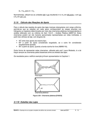 As = Asy para m = my.
Normalmente, utilizam-se as unidades kN e cm resultando m e md em kN.cm/m, x em cm
e As em cm2 / m.

2.1.9

Cálculo das Reações de Apoio

Para o cálculo das reações de apoio das lajes maciças retangulares com carga uniforme,
permite-se que as reações em cada apoio correspondam às cargas atuantes nos
triângulos ou trapézios determinados por meio das charneiras plásticas correspondentes à
análise efetivada com os critérios do item 14.6.5 – Análise Plástica [ABNT-2]. Estas
charneiras podem ser (de maneira aproximada) representadas por retas inclinadas, a
partir dos vértices da laje, com ângulos de:
45o entre dois apoios de mesmo tipo;
60o a partir do apoio considerado engastado, se o outro for considerado
simplesmente apoiado;
90o a partir do apoio, quando a borda vizinha for livre (NBR6118).
Outra forma de representar estas charneiras, utilizada pelo prof. Lauro Modesto, é a de
traçar sempre as charneiras pelas bissetrizes entre as arestas das lajes.
Os resultados para o edifício exemplo já foram apresentados no Capítulo 1.

Figura 2-20 – Charneiras plásticas [FUSCO]

2.1.10 Esbeltez das Lajes

ES-013 – Exemplo de um projeto completo de edifício de concreto armado

data:set/2001

fl. 13

 