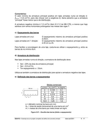 Comentários:
O valor mínimo da armadura principal positiva em lajes armadas numa só direção é:
As,mín = 0,9 cm2/m, para não chocar com a exigência d). Seria estranho que a armadura
“principal” fosse menor que a de distribuição.
A armadura negativa mínima é 1,5 cm2/m (item 6.3.1.2 da NB-1/78), a menos que haja
estribos com ramos horizontais prolongados nas mesas das vigas T.
c) Espaçamento das barras
Lajes armadas em cruz:
Lajes armadas em 1 direção:

O espaçamento máximo da armadura principal positiva
é 20cm.
O espaçamento máximo da armadura principal positiva
é 20 cm ou 2h.

Para facilitar a concretagem de uma laje, costuma-se utilizar o espaçamento s, entre as
barras de no mínimo 8cm.
d) Armadura de distribuição
Nas lajes armadas numa só direção, a armadura de distribuição deve:
Ser ≥ 20% da área da armadura principal;
Ser ≥ 0,9 cm2/m;
Ter espaçamento s ≤ 33cm.
Utiliza-se também a armadura de distribuição para apoiar a armadura negativa das lajes.
e) Definição das barras e espaçamentos

Bitolas comerciais
100 cm

h
s

s

φ(mm)
4
5
6,3
8
10
12,5

As1(cm2)
0,125
0,2
0,315
0,5
0,8
1,25

m1(kg/m)
0,1
0,16
0,25
0,4
0,63
1,0

φ = diâmetro nominal da barra em mm
As1 = área da seção transversal de uma barra em cm2
m1 = massa de uma barra por metro linear em kg/m
Figura 2-21 – Escolha das barras (bitola x espaçamento)

ES-013 – Exemplo de um projeto completo de edifício de concreto armado

data:set/2001

fl. 17

 
