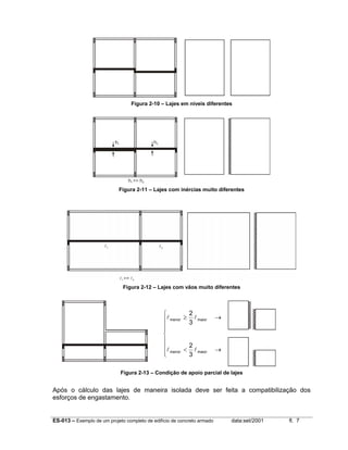 Figura 2-10 – Lajes em níveis diferentes

Figura 2-11 – Lajes com inércias muito diferentes

Figura 2-12 – Lajes com vãos muito diferentes

2

l menor ≥ 3 l maior




2
l
l maior
menor <

3


→

→

Figura 2-13 – Condição de apoio parcial de lajes

Após o cálculo das lajes de maneira isolada deve ser feita a compatibilização dos
esforços de engastamento.

ES-013 – Exemplo de um projeto completo de edifício de concreto armado

data:set/2001

fl. 7

 