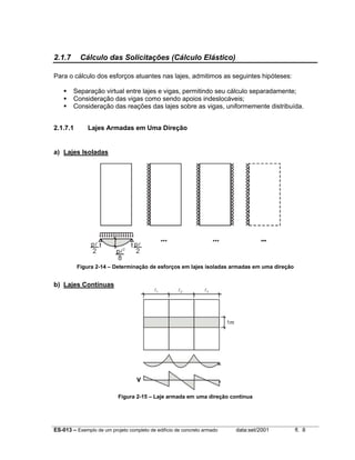 2.1.7

Cálculo das Solicitações (Cálculo Elástico)

Para o cálculo dos esforços atuantes nas lajes, admitimos as seguintes hipóteses:
Separação virtual entre lajes e vigas, permitindo seu cálculo separadamente;
Consideração das vigas como sendo apoios indeslocáveis;
Consideração das reações das lajes sobre as vigas, uniformemente distribuída.
2.1.7.1

Lajes Armadas em Uma Direção

a) Lajes Isoladas

Figura 2-14 – Determinação de esforços em lajes isoladas armadas em uma direção

b) Lajes Contínuas

Figura 2-15 – Laje armada em uma direção contínua

ES-013 – Exemplo de um projeto completo de edifício de concreto armado

data:set/2001

fl. 8

 