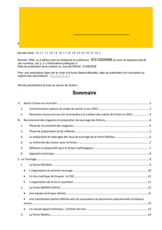 1 Compte rendu financier :
-1.

Cette fiche est à détacher et à retourner dans les 6 mois suivant la fin de l’exercice au cours duquel
14

la subvention a été accordée . Elle doit obligatoirement être établie, avant toute nouvelle demande
de subvention. Vous pouvez ne renseigner que les cases grisées du tableau si le budget
prévisionnel de l’action projetée a été présenté sous cette forme.
Cette fiche peut être adaptée par les autorités publiques en fonction de leurs priorités d’intervention

Numéro Siret : I 5 I 1 I 1 I 9 I 4 I 5 I 1 I 4 I 9 I 0 I 0 I 0 I 2 I 5 I
Numéro RNA ou à défaut celui du récépissé en préfecture : W313009488 (si vous ne disposez pas de
ces numéros, voir p. 2 « Informations pratiques »)
Date de publication de la création au Journal Officiel : 21/06/2008
Pour une association régie par le code civil local (Alsace-Moselle), date de publication de l’inscription au
registre des associations : I I I I I I I
Décrire précisément la mise en œuvre de l’action :

Sommaire


Avant l’action sur le terrain ...........................................................................................................................3
1.

Communication autours du projet de Janvier à Juin 2013 ....................................................................3

2.

Personnes ressources qui ont contribuées à la création des scènes de fiction en 2013 .......................4



Recrutement des stagiaires et préparation du tournage des fictions...........................................................4
1.

Phase de recrutement des stagiaires .....................................................................................................4

2.

Phase de préparations et de réflexion ...................................................................................................5

3.

La préparation et repérages des lieux de tournage de la fiction Malilou ..............................................6

4.

La recherche des acteurs pour la fiction: ...............................................................................................7

5.

Réflexion et préparatifs pour la fiction mythologique : .........................................................................7

6.

Approche technique :.............................................................................................................................8

C . Le Tournage ......................................................................................................................................................9
1.

La fiction KOUROU .................................................................................................................................9


L’organisation du premier tournage ....................................................................................................10



Un lieu mythique de Guyane : le CSG ..................................................................................................11



L’organisation de la vie au quotidien ...................................................................................................11

2.

La fiction MARIPA-SOULA ....................................................................................................................12


Une équipe technique réduite .............................................................................................................12

 Une coordination parfois difficile avec les associations et partenaires opérationnels artistiques
locaux...........................................................................................................................................................13

3.

Un nouvel apport technique : la fiction de nuit ...................................................................................13
La fiction Malilou..................................................................................................................................14

 
