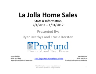La	
  Jolla	
  Home	
  Sales	
  
                                  Stats	
  &	
  Informa-on	
  
                                 2/1/2011	
  –	
  1/31/2012	
  
                            Presented	
  By:	
  	
  
                  Ryan	
  Mathys	
  and	
  Tracie	
  Kersten	
  



Ryan	
  Mathys:	
  	
                                                                                                  Tracie	
  Kersten	
  
(858)	
  405-­‐4004	
                SanDiegosBestHomeSearch.com	
                                                    (619)	
  886-­‐5294	
  
	
  Ryan@ProFundRealEstate.com	
                                                                        Tracie@ProFundRealEstate.com	
  


                                     This	
  informa-on	
  is	
  based	
  on	
  public	
  record.	
  
                                                                                                                                         1	
  
                                      It	
  is	
  deemed	
  reliable	
  but	
  not	
  guaranteed	
  
 