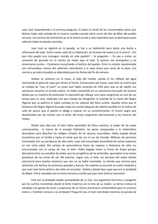 Juan José respondiendo a la primera pregunta. El Joven le contó de las innumerables veces que
Mocho había sido salvado de la muerto cuando estando ebrio corría del Bar de Billar del pueblo
cercano. Los vecinos de Caimancito ya se la tenían jurada y solo esperaban que se desmayara para
cobrarle todas las deudas vencidas.

        Juan José se registró en la posada, se fue a su habitación para darse una ducha y
refrescarse del viaje. Como nuevo, salió de su habitación, vio al joven de nuevo y se le acercó - ¿En
qué sitio puede uno conseguir comida en este pueblo? – le preguntó. – Yo voy a comer un
sancocho de pescado en el rancho de maíta aquí al lado. Si quieres me acompañas y así
almorzamos juntos – Caminaron escuchando el bullicio del pueblo. Entre la rockola repotenciada
con estruendosa música del vallenato colombiano y la salsa brava que venía de la plaza. Era
viernes y ya todo el pueblo se alborotaba para las fiestas del fin de semana.

         Ambos se sentaron en la mesa, al lado del muelle, viendo el los reflejos del agua
iluminando el plato de sopa que tenían al frente. Conversaron por horas. Juan José se enteró que
se trataba de “Leo, el León” un joven que había conocido de niño pero que ya de adulto sus
aventuras recorrían el mundo entero. Se había convertido en un aventurero buscador de tesoros
desde que su maestra de preescolar lo reprendió por dibujar una mano sangrienta en una de sus
tareas para la casa. Explicaba Leo que trataba de fotografiar la leyenda de la mano del Negro
Ifigenio que su padrino le había contado en las sabanas del llano sureño. Aquella mano que el
fantasma del Negro Ifigenio buscaba todas las noches después de haberla perdido en el molino de
caña de azúcar que el patrón le obligó a reparar sin su consentimiento. El mismo negro que
deambulaba por las noches con el tocón del brazo sangriento aterrorizando a los llaneros del
medio.

        Desde esos días Leo, el león había aprendido de física cuántica, el poder de los vasos
comunicantes, la fuerza de la energía hidráulica, las pesas comparadas y la matemática
descriptiva para descifrar los códigos cifrados de los tesoros escondidos. Había viajado desde
Suramérica por el Caribe y hasta el norte que da con el sur de Canadá. Millones de personas
conectadas con sus peripecias de alto vuelo. Juan José escuchaba maravillado de tantas andanzas
en tan corta edad. Del cortejo de quinceañeras hasta las esposas a distancias de años luz
sincronizadas con el coraje de Leo, el león. Había llegado hasta la Punta de Araya porque
descubrió entre sus estudios de árabe, que los jeroglíficos de las pirámides, apuntaban a las nieves
perpetuas de las minas de sal. Allí estarían, según Leo, el león, los secretos del mejor diseño
estructural para bomba mecánica que aún no se había inventado. La bomba que serviría para
alimentar con hechos las promesas pasadas y futuras. De repente se escuchó un canto relajante y
que Juan José tenía veinte y dos años sin escuchar. Volteó y desde lejos supo que era la Jorobada
de Nipón. Ella le saludaba con la misma ternura y cariño que juan José sintió al conocerla.

        Esta vez la jorobada estaba acompañada de su hija, una juguetona hermosa y rozagante
por los cariños trasmitidos desde la leche materna con la teta de su madre. La tierna criatura le
saludaba con gestos de amor y esperanza de un futuro promisorio sembrándolo para el universo
entero. ¿También conoces a la Jorobada? Preguntó Leo, el león extrañado mientras no paraba de
 