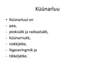 Küünarluu
•   Küünarluul on
-   pea,
-   plokisälk ja radiaalsälk,
-   küünarnukk,
-   nokkjätke,
-   liigeseringmik ja
-   tikkeljätke.
 
