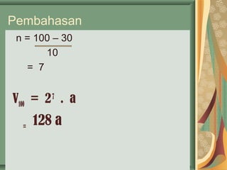 Pembahasan
n = 100 – 30
10
= 7
V100
= 27
. a
=
128 a
 