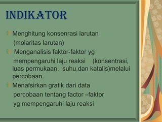 indikator
Menghitung konsenrasi larutan
(molaritas larutan)
Menganalisis faktor-faktor yg
mempengaruhi laju reaksi (konsentrasi,
luas permukaan, suhu,dan katalis)melalui
percobaan.
Menafsirkan grafik dari data
percobaan tentang factor –faktor
yg mempengaruhi laju reaksi
 