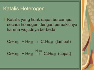 Katalis Heterogen
Katalis yang tidak dapat bercampur
secara homogen dengan pereaksinya
karena wujudnya berbeda
C2H4(g) + H2(g) → C2H6(g) (lambat)
C2H4(g) + H2(g) → C2H6(g) (cepat)
Ni (s)
 