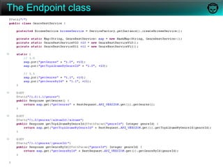 AgendaWhat’s REST?Introduction SOAP vs RESTJAX-RS Specification ImplementationsNapster REST API DemoNapster REST API ArchitectureSecurityResponse FormatCachingError HandlingVersioningContinuous Integration