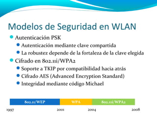 Modelos de Seguridad en WLAN
 Autenticación PSK
       Autenticación mediante clave compartida
       La robustez depende de la fortaleza de la clave elegida
 Cifrado en 802.11i/WPA2
       Soporte a TKIP por compatibilidad hacia atrás
       Cifrado AES (Advanced Encryption Standard)
       Integridad mediante código Michael


          802.11/WEP           WPA           802.11i/WPA2
1997                    2001          2004                  2008
 