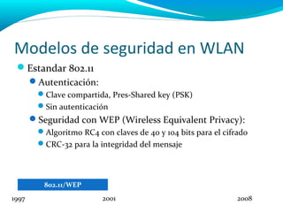 Modelos de seguridad en WLAN
 Estandar 802.11
       Autenticación:
        Clave compartida, Pres-Shared key (PSK)
        Sin autenticación
       Seguridad con WEP (Wireless Equivalent Privacy):
        Algoritmo RC4 con claves de 40 y 104 bits para el cifrado
        CRC-32 para la integridad del mensaje



          802.11/WEP
1997                     2001                                  2008
 
