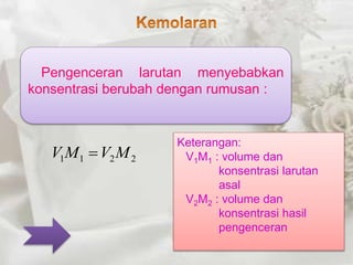 Pengenceran larutan menyebabkan 
konsentrasi berubah dengan rumusan : 
1 1 2 2 VM V M 
Keterangan: 
V1M1 : volume dan 
konsentrasi larutan 
asal 
V2M2 : volume dan 
konsentrasi hasil 
pengenceran 
 