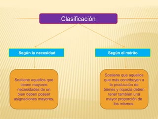 Clasificación
Según la necesidad Según el mérito
Sostiene aquellos que
tienen mayores
necesidades de un
bien deben poseer
asignaciones mayores.
Sostiene que aquellos
que más contribuyen a
la producción de
bienes y riqueza deben
tener también una
mayor proporción de
los mismos.
 