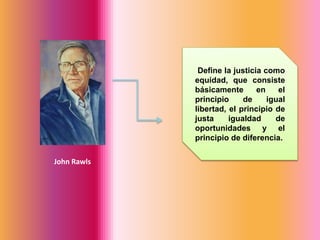 John Rawls
Define la justicia como
equidad, que consiste
básicamente en el
principio de igual
libertad, el principio de
justa igualdad de
oportunidades y el
principio de diferencia.
 